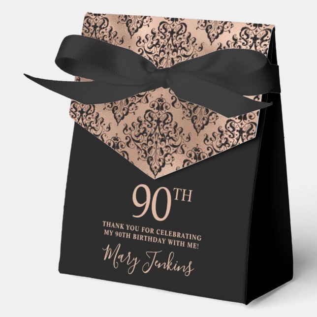 90th Birthday Black Rose Gold Damask Thank You  Favour Box (Front)