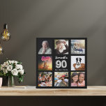 90th birthday black silver custom photo collage faux canvas print<br><div class="desc">A unique gift for a 90th birthday, celebrating her life with a collage of 8 of your own photos, pictures. Personalise and add her name and a date. A chic black background. The name is written with a modern hand lettered style script, number 90 with a faux silver balloon style...</div>