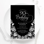 90th Birthday Black Silver Roses Invitation<br><div class="desc">Black silver elegant 90th birthday party invitation. Classy design featuring roses,  faux silver foil and typography script font. Trendy invite card perfect for a stylish female bday celebration. Personalise with your own details. Can be customised to any age. Printed Zazzle invitations or instant download digital printable template.</div>