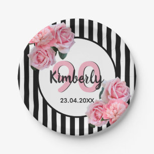 90th birthday black stripes pink florals classic paper plate