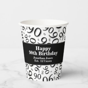90th Birthday Black/White Random Number Pattern 90 Paper Cups