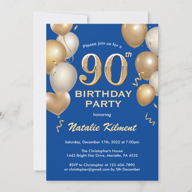 90th Birthday Blue and Gold Glitter Balloons Invitation (Front)