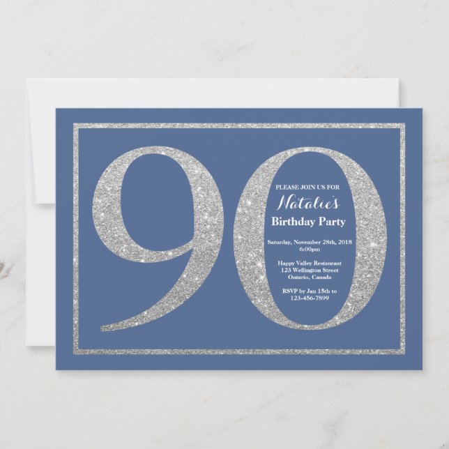 90th Birthday Blue and Silver Glitter Invitation (Front)