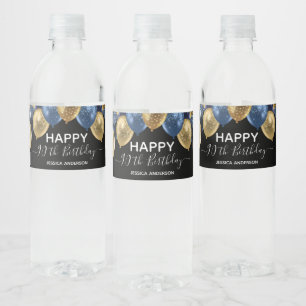 90th Birthday Blue Gold Balloons Water Bottle Label