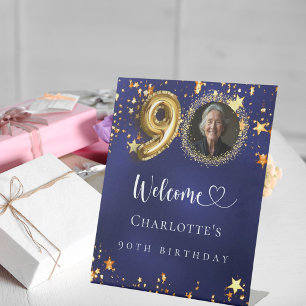 90th Birthday blue gold stars photo welcome Pedestal Sign