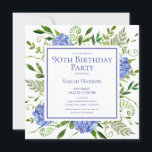 90th Birthday Blue Hydrangeas Floral Watercolor  Invitation<br><div class="desc">This blue hydrangea 90th birthday party/bunch invitation is whimsical and stunning! With its watercolor multi-hued blue hydrangeas, wispy natural greenery, and a photo of the birthday girl on the back it is perfect for your loved one turning 90. By selecting Personalise this template and typing in your information and uploading...</div>