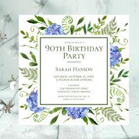 90th Birthday Blue Hydrangeas Floral Watercolor