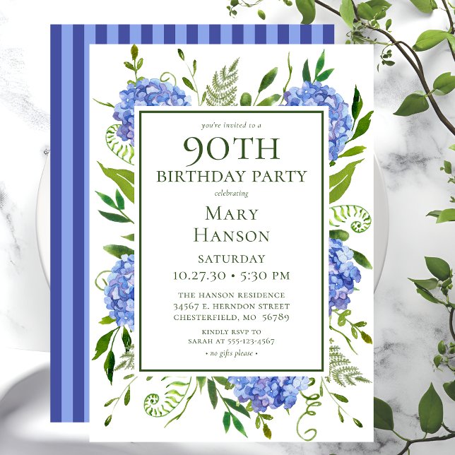 90th Birthday Blue Hydrangeas Floral Watercolor Invitation (Creator Uploaded)