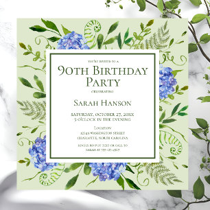 90th Birthday Blue Hydrangeas Floral Watercolor Invitation