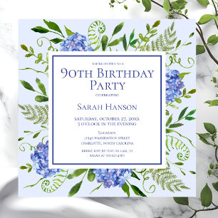 90th Birthday Blue Hydrangeas Floral Watercolor Invitation