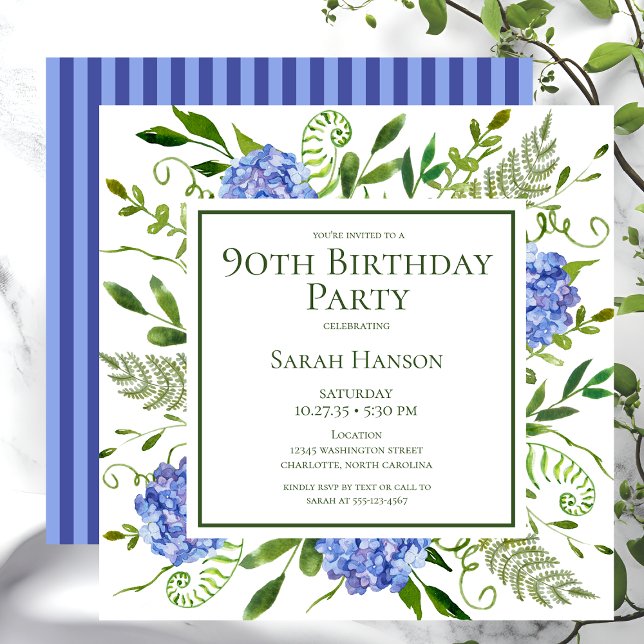 90th Birthday Blue Hydrangeas Floral Watercolor Invitation (Creator Uploaded)
