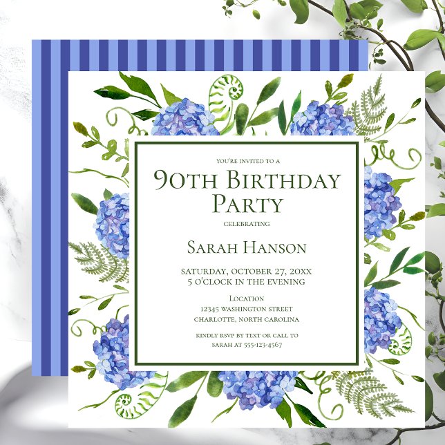 90th Birthday Blue Hydrangeas Floral Watercolor Invitation (Creator Uploaded)