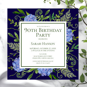 90th Birthday Blue Hydrangeas Floral Watercolor Invitation