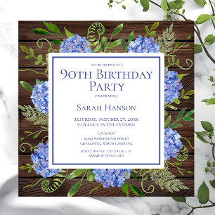 90th Birthday Blue Hydrangeas Floral Watercolor Invitation