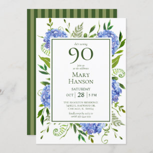 90th Birthday Blue Hydrangeas Invitation
