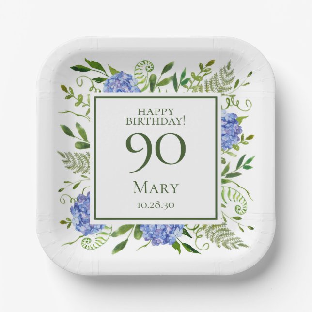90th Birthday Blue Hydrangeas Paper Plate (Front)