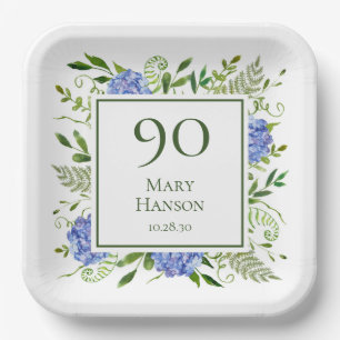 90th Birthday Blue Hydrangeas Paper Plate