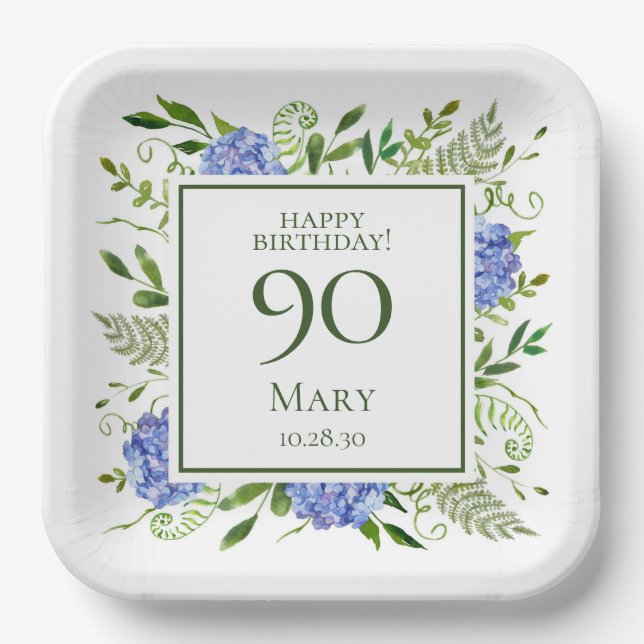90th Birthday Blue Hydrangeas Paper Plate (Front)