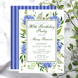 90th Birthday Blue Hydrangeas Script Invitation