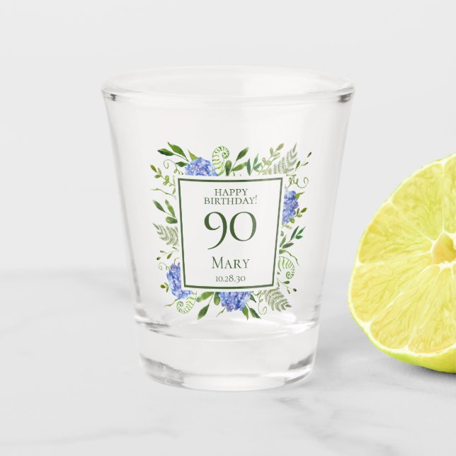 90th Birthday Blue Hydrangeas Shot Glass (Front)