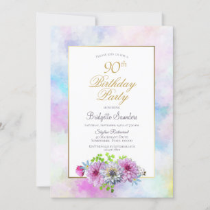 90th Birthday Blue Pink Floral Gold Pastel Border Invitation
