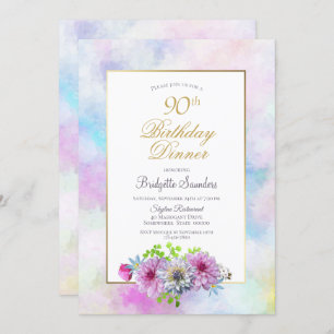 90th Birthday  Blue Pink Floral Pastel Dinner Invitation