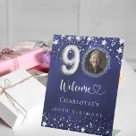 90th Birthday blue silver stars photo welcome Pedestal Sign<br><div class="desc">A welcome sign for a 90th birthday party.  A navy blue background with elegant faux silver stars. The blue colour is uneven.  Personalise and add a photo,  name and text.  White letters.</div>