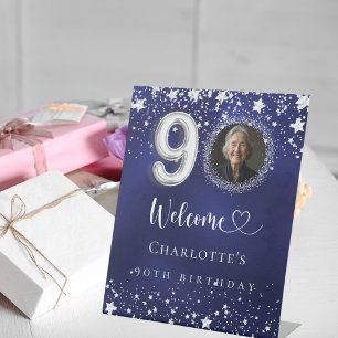 90th Birthday blue silver stars photo welcome Pedestal Sign
