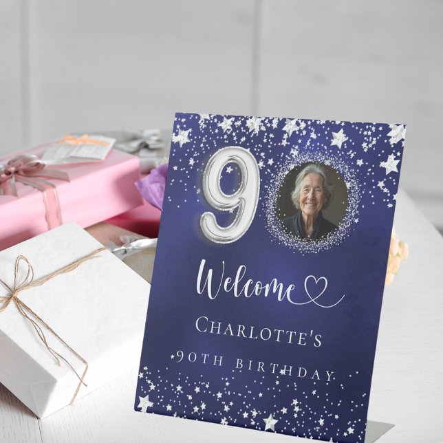 90th Birthday blue silver stars photo welcome Pedestal Sign (Creator Uploaded)