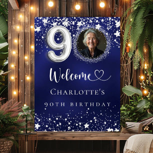 90th Birthday blue silver stars photo welcome Poster