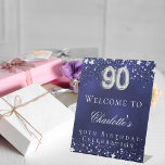 90th Birthday blue silver stars welcome party Pedestal Sign<br><div class="desc">A welcome sign for a 90th birthday party.  A navy blue background with elegant faux silver stars. The blue colour is uneven.  Personalise and add a name and text.  White letters.</div>