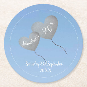90th birthday blue sky & silver balloon round paper coaster