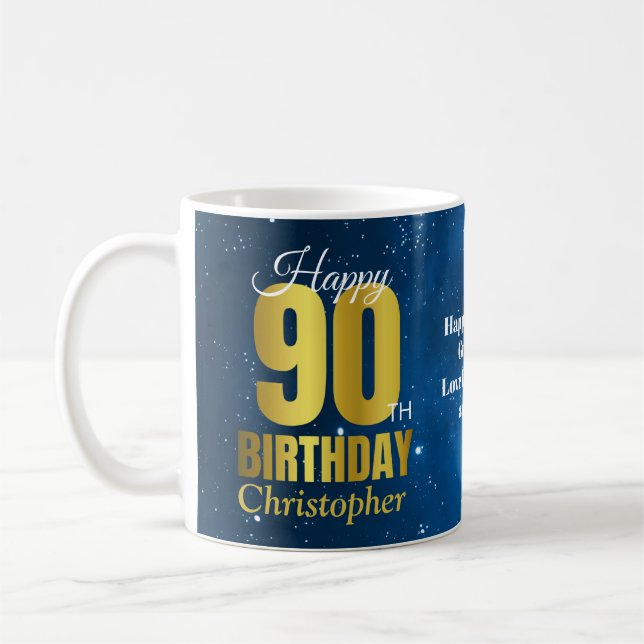 90th Birthday Blue Space Typography Coffee Mug (Left)