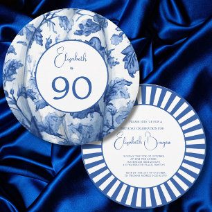 90TH Birthday Blue Stripe Floral Invitation