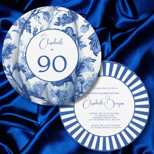 90TH Birthday Blue Stripe Floral Invitation (Creator Uploaded)
