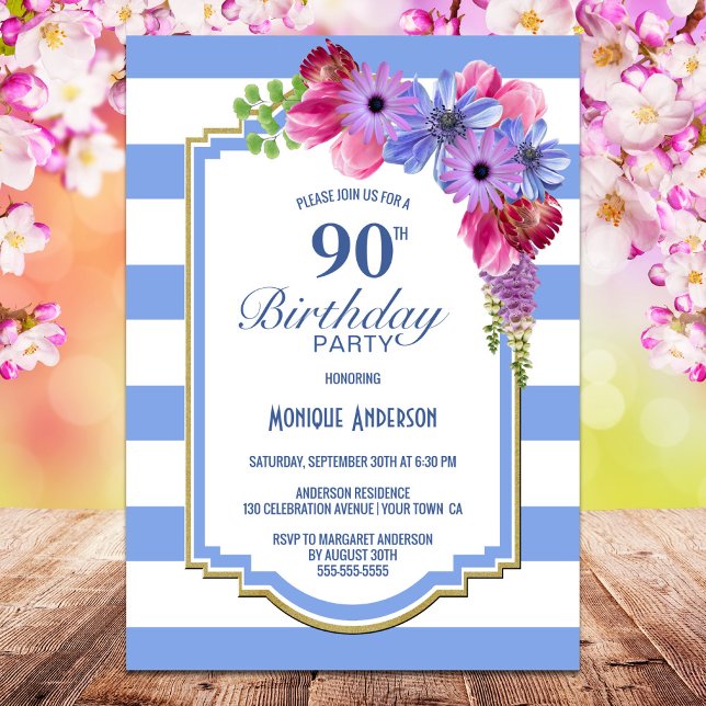 90th Birthday Blue Striped Floral Party Invitation (Creator Uploaded)