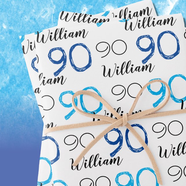 90th birthday Blue themed Custom Age Name Wrapping Paper Sheet (in-situ of wrapping paper set)