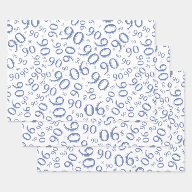 90th Birthday Blue & White Random Number Pattern Wrapping Paper Sheet (Set)