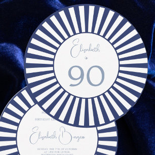 90TH Birthday Blue White Stripe Stylish Round Invitation
