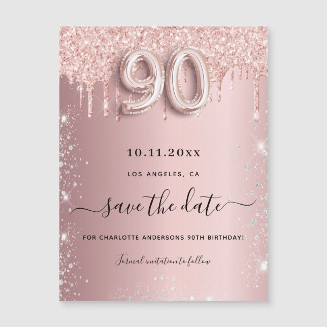 90th birthday blush glitter save the date magnet (Front)