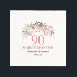 90th Birthday Blush Pink Floral Elegant Feminine Napkin<br><div class="desc">Soft blush pink roses and bright pink buds create a beautifully rustic floral wreath. White hydrangeas at to the floral bloom. The birthday woman's name is written in a large script font. 90th Birthday and the thank you sentiment follow. This birthday napkin is part of the 90th Birthday Pink Rose...</div>