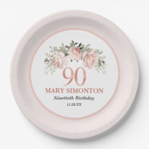 90th Birthday Blush Pink Floral Elegant Feminine Paper Plate