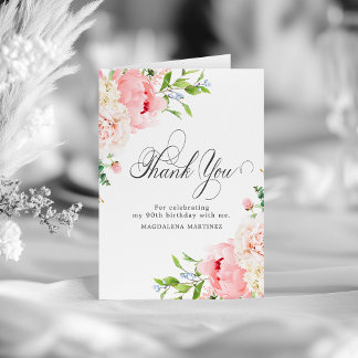 90th Birthday Blush Pink Peony Floral Folded Thank You Card