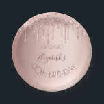 90th birthday blush rose gold glitter drips name paper plate<br><div class="desc">A paper plate for a girly and glamourous 90th birthday party. A faux rose gold metallic looking background with an elegant faux rose gold glitter drips, paint drip look. The text: The name is written in dark rose gold with a large modern hand lettered style script. Template for name, age...</div>