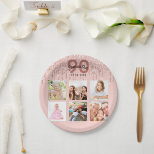 90th birthday blush rose gold glitter photo paper plate