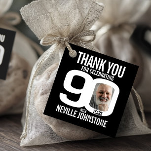 90th birthday bold black white photo favour tags