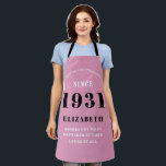 90th Birthday Born 1931 Pink Black Lady's Apron<br><div class="desc">A personalised classic pink apron design for that birthday celebration for somebody born in 1931 and turning 90. Add the name to this vintage retro style pink, white and black design for a custom 90 birthday gift. Easily edit the name and year with the template provided. A wonderful custom birthday...</div>
