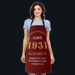 90th Birthday Born 1931 Red Gold Lady's Apron<br><div class="desc">A personalised classic red apron design for that birthday celebration for somebody born in 1931 and turning 90. Add the name to this vintage retro style red, white and gold design for a custom 90 birthday gift. Easily edit the name and year with the template provided. A wonderful custom birthday...</div>