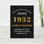 90th Birthday Born 1932 Black Gold Name Year Card<br><div class="desc">For those born in 1932 and celebrating their 90th anniversary we have the ideal greeting card. The black background with a white and gold design is simple and yet elegant. Easily customise the text to the front and the interior of this card using the template provided. Part of the setting...</div>