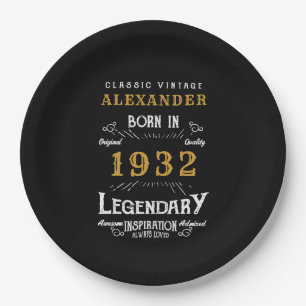 90th Birthday Born 1932 Vintage Black Add Name Paper Plate